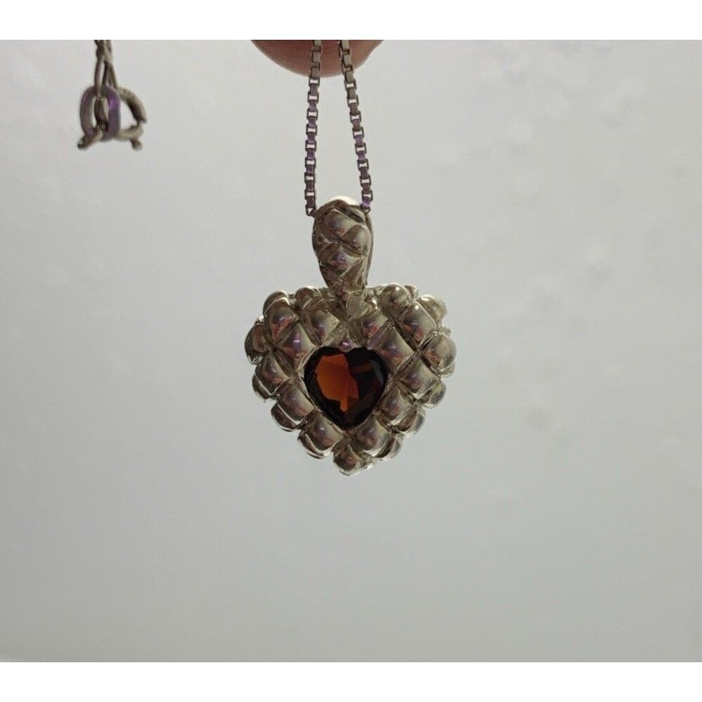 Vintage Clyde Duneier CID Sterling Silver Quilted Heart Garnet Necklace 19”